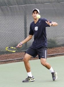 Photo by: Lindsay HartmannRayane Djouad won his doubles match against Ga. State this weekend partnered with junior Marco Osorio.
