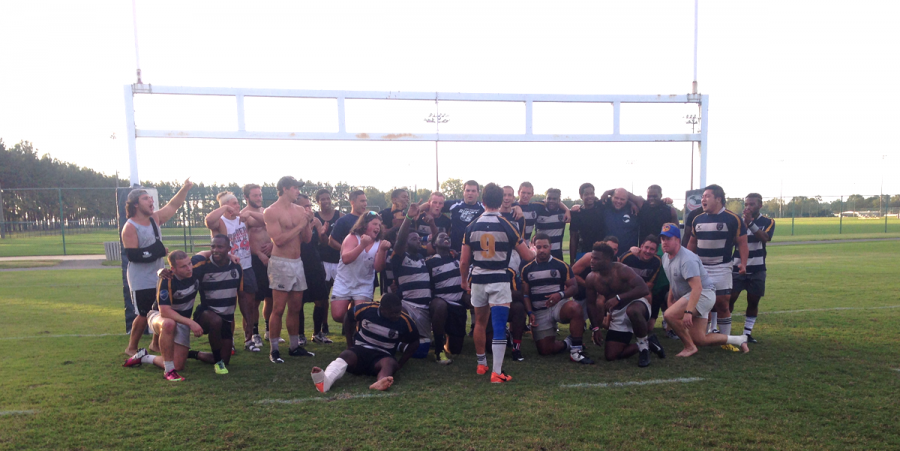 The Georgia Southern Rugby team celebrates the winning of thetournament. The victory included wins over the Ga. Southern alumni team (The Southern Exiles) and Valdosta State in the title game.