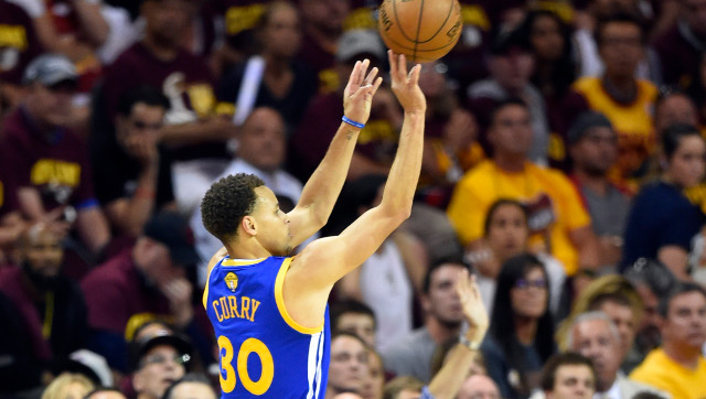 Jun 16, 2015; Cleveland, OH, USA; Golden State Warriors guard Stephen Curry (30) shoots a three-point shot during the third quarter of game six of the NBA Finals against the Cleveland Cavaliers at Quicken Loans Arena. Mandatory Credit: David Richard-USA TODAY Sports