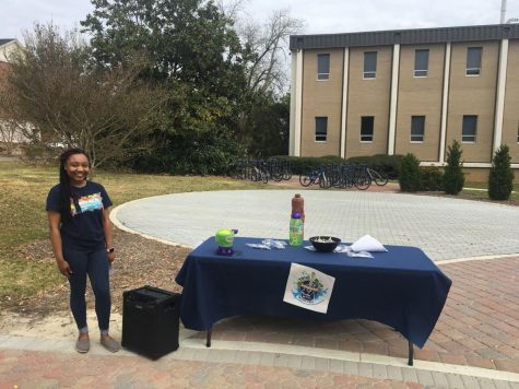 Jasmine Minor, the vice president of the UPB administration, is handing out information about the festival.