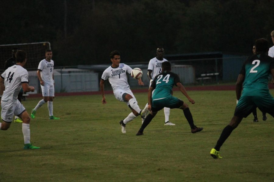 GS junior midfielder Javier Carbonell (7), in his first season in Statesboro, leads the Eagles with five assists after transferring from Camila Jose Cela University in Madrid. Senior Blake Wilson (14) scored the game-winner in the last minute of regulation against Winthrop on Tuesday.