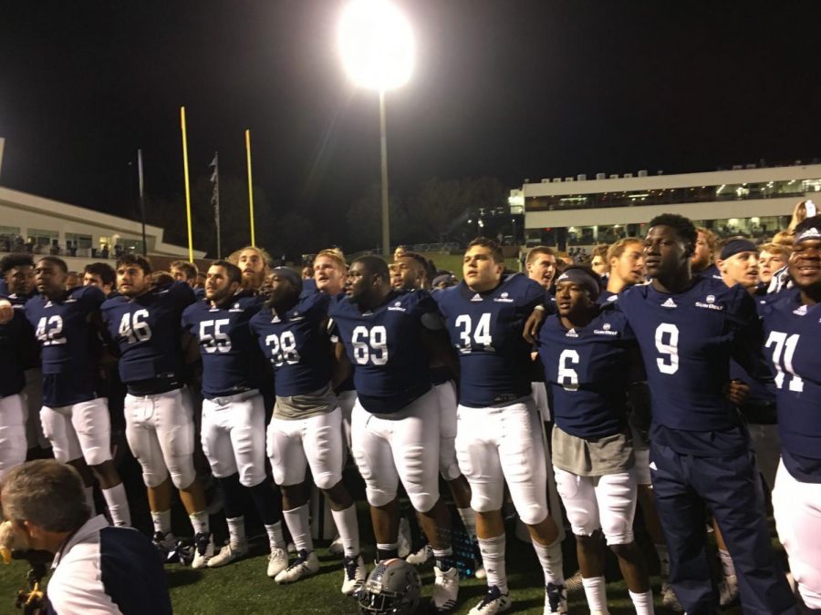 The seniors line up for a photo after the 52-0 victory over South Alabama at Paulson Stadium.