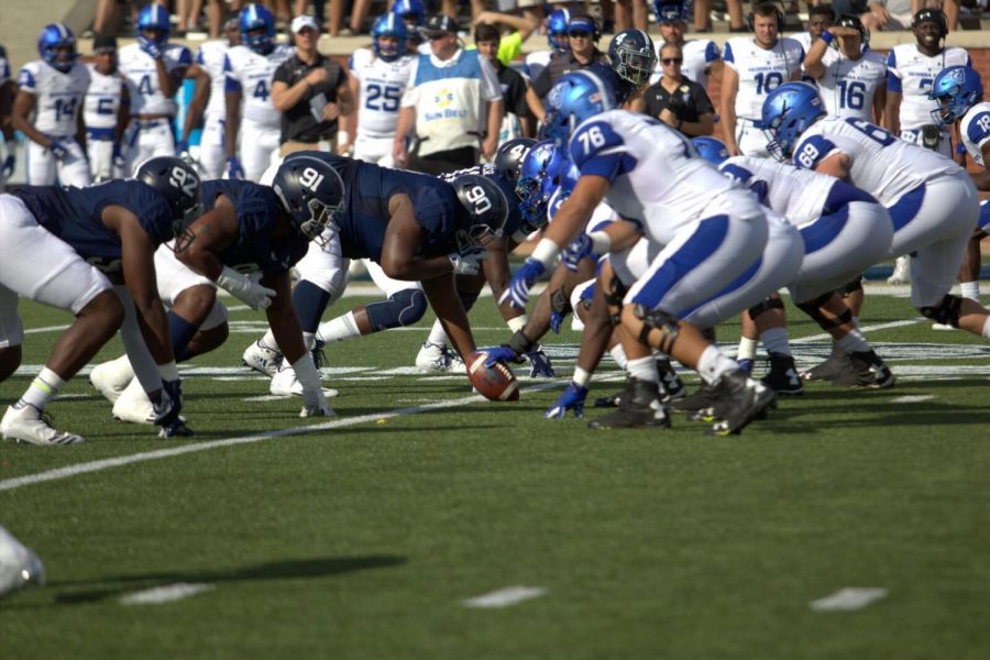  The GS defensive line lines up against Georgia State, a game the Eagles lost in the waning minutes.