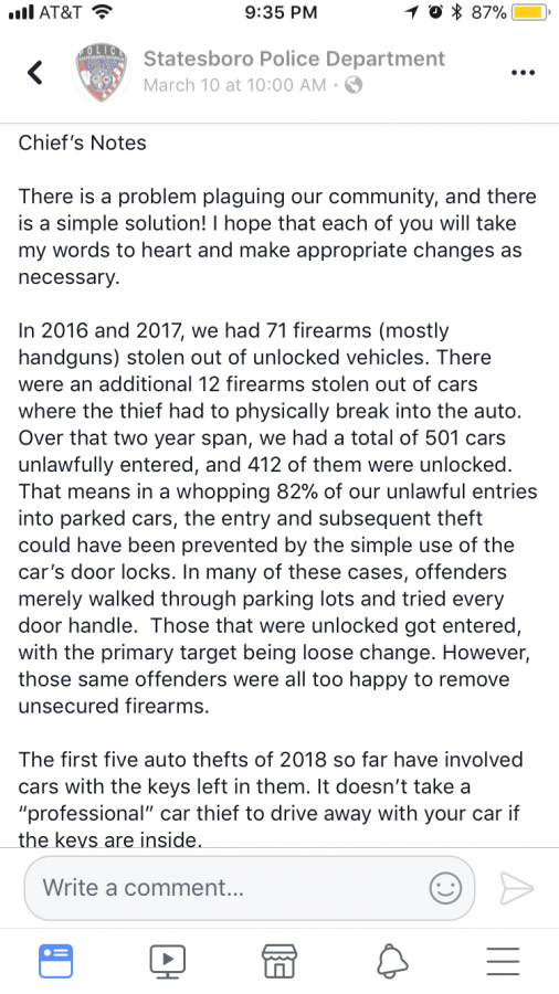 A post on the Statesboro Police Departments Facebook pages displays statistics regarding car breaks-ins and gun theft. 