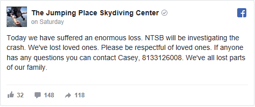  The plane was from The Jumping Place Skydiving Center located in Statesboro. JPSC called the crash an enormous loss Saturday in a Facebok post.
