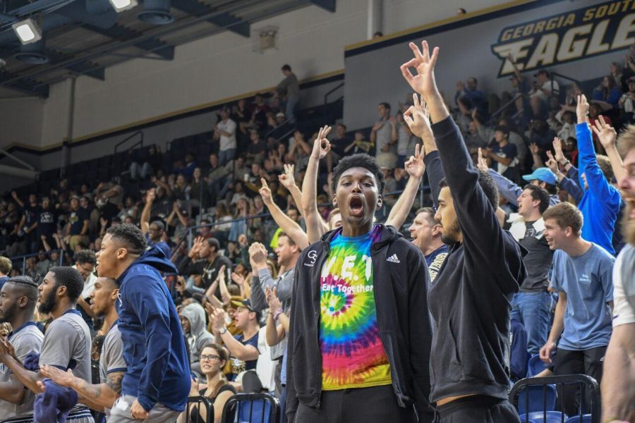 Fans react to a made three-pointer in a GS victory over South Alabama. Mens basketball garners the second highest attendance numbers, at 1,725.4 per game. 