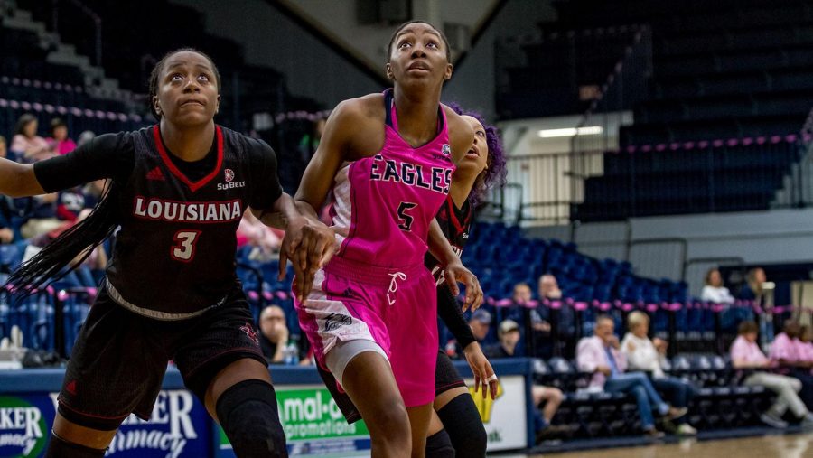 These pink basketball uniforms were worn this past season against visiting Louisiana. 
