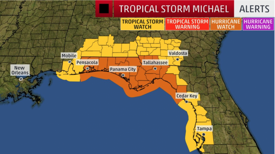 A hurricane watch has been issued for the Florida Gulf Coast, and Southwest Georgia is under a tropical storm watch. 