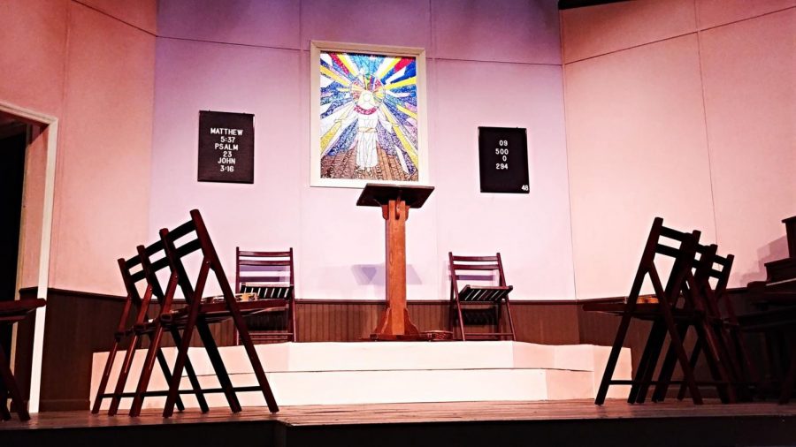 The church set of The Amen Corner, where the theme of hypocrisy in the Christian faith will be the focus of the story.