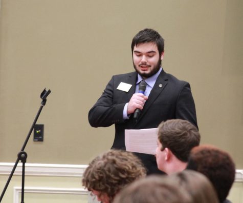 Tyler Tyack, Armstrong/Liberty campus senate speaker, read a resolution approved by the Armstrong/Liberty campus Student Government Association. The resolution address concerns and requests that commencement changes be reversed. The resolution also asks that future committees related to commencement change consist of equal parts students and faculty. 
