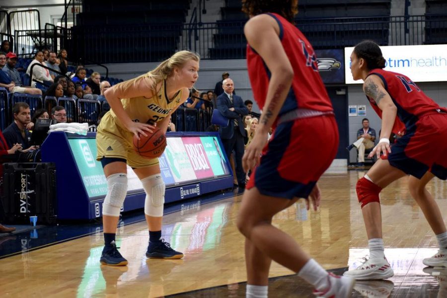 Sophomore guard Tatum Barber (23) led the Eagles in past game against University of Louisiana Lafayette with 20 points and 13 rebounds on the night.