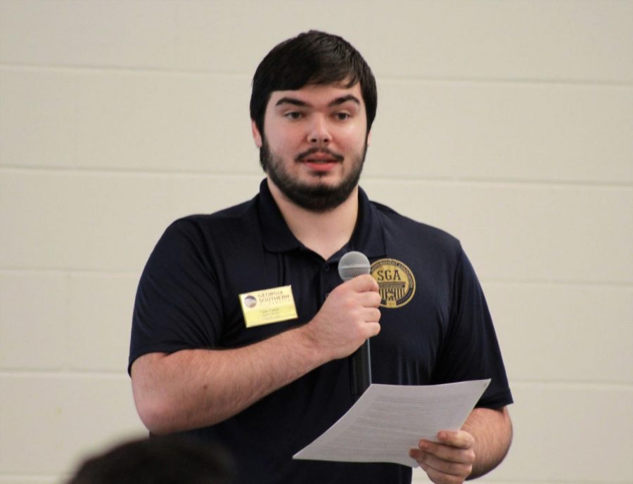 Armstrong SGA Speaker Tyler Tyack speaks out in defense of his legislation calling for the recent changes to this years commencement to be immediately reverted by the presidents cabinet.