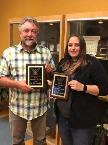 Georgia Southern biology professors Ray Chandler, Ph.D. (left), and Christine Bedore Ph.D., received Tribeta awards for their collaboration with students during research lab and participating in events sponsored by TriBeta.