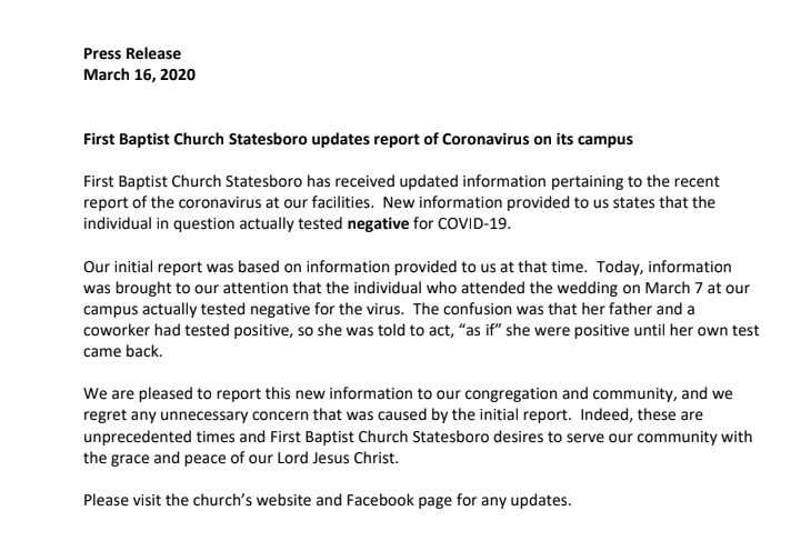 Statesboro church says previous Facebook post about the coronavirus was incorrect