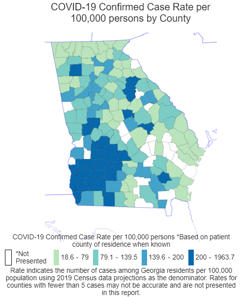 This map from the Georgia DPH shows the case rate per 100,000 people in each county. Bulloch Countys case rate remains relatively low at 29.7 per 100,000.