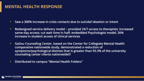 Slide 14 from President Marreros Fall 2021 State of the University address about the Universitys Mental Health Response during the 2020-21 academic year 