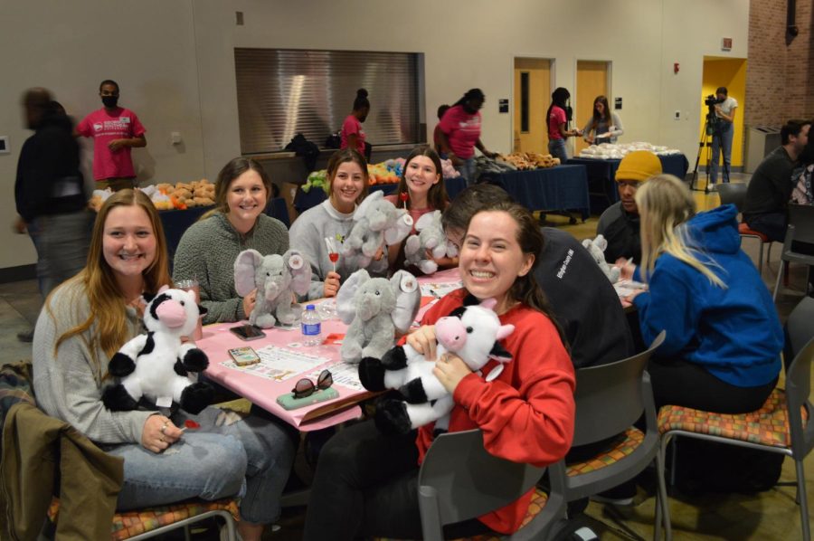 Grace Mainer, Kayla Rogers, Emily Hogg, Taylor Wilcox, and Abbie Best, make stuffed animals at the UPB Build-A-Boo Event on February 10.