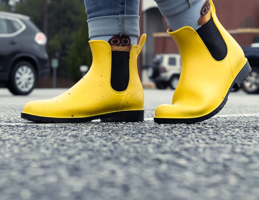 Yellow rainboots add a little drop of sunshine to a rainy day on February 4.