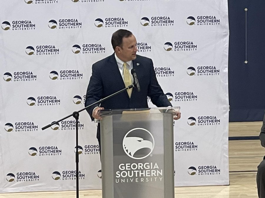 Georgia Southern Athletic Director Jared Benko speaks at the ribbon cutting ceremony