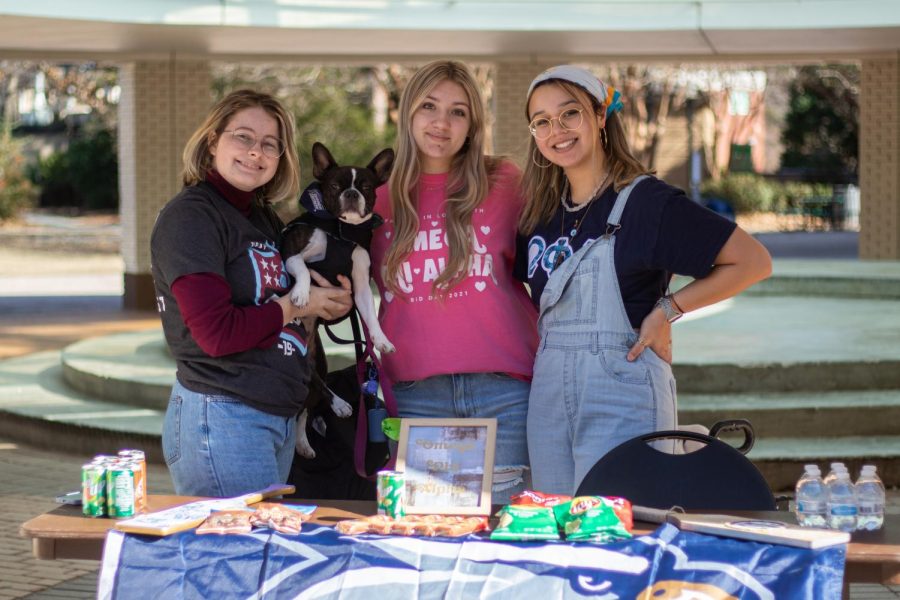Members of Omega Phi Alpha, Quin DeGarlais, Emmalyn Pledger, and Madison Inthirathvongsy, were at the rotunda on January 17 to advertise their sororitys service in the area. Their dog, Amara, attracted students to their table with her GSU bandana!