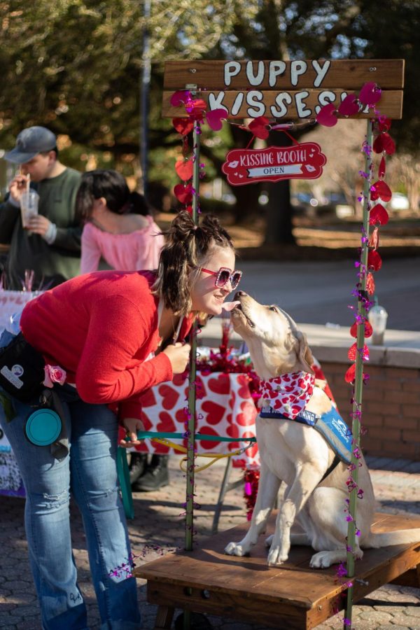 The puppy club set up their puppy kissing booth to raise money for the southeastern guide dogs. One of the volunteer raisers, Kylen, gets some kisses from her dog, Helios.