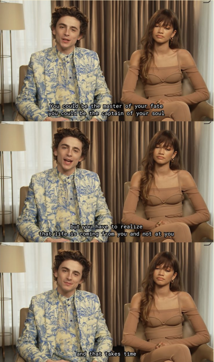 Still from IGV Presents’ “Timothée Chalamet Gets Deep With Zendaya | Dune Interview” (2021). Chalamet quoting Invictus by William Ernest Henley.